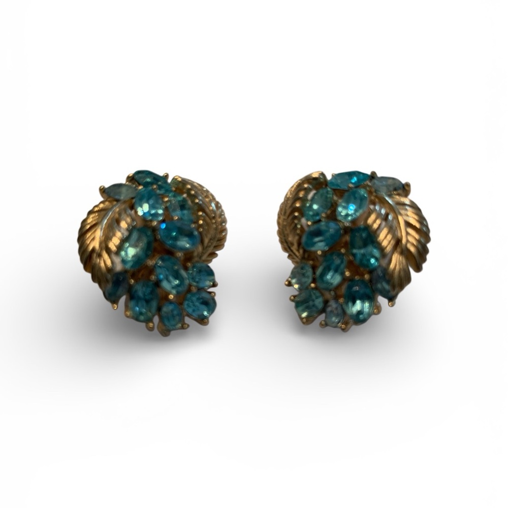 Signed Trifari Gold and Blue Gemstone Earrings